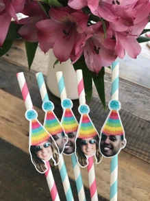 12 Pcs Customized Number & Face Party Paper Straws, Pink Theme Birthday Party Decor, Bachelorette Party Supplies, Women's Day Holiday Decor, Birthday Hat, Pink & Blue Striped Paper Straws, Best Gift For Girls,Brunch-Ready - Multicolor - View 6