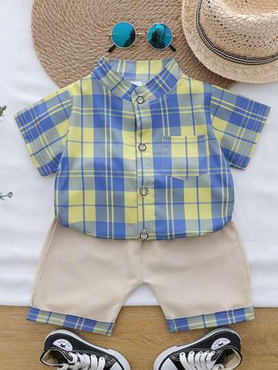 Conjunto de camisa e shorts xadrez de verão para meninos