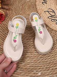 1 双加大码婴幼儿女孩平底凉鞋，纯色 PU 带，彩色刺绣装饰，带钩环扣，圆头，绳子厚底，时尚罗马凉鞋，适合 3-15 岁女孩休闲、旅行、度假穿着，春夏