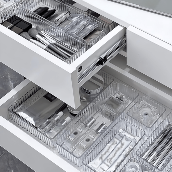 1 قطعة صندوق تخزين شفاف مخطط أنيق لأدوات الكتابة والكتب ، منظم درج قابل للتكديس لفرز مستحضرات التجميل وأدوات المطبخ