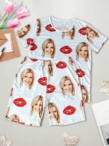 Conjunto de pijama de manga corta personalizado para hombres, con foto retrato personalizada, regalo, novedad, primer plano grande, reemplazo de rostro, tela liviana de secado rápido y cómoda, regalo para amigos/pareja, regalo de fiesta/cumpleaños, colorido, lindo, adorable