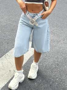 High Waist Bermuda Denim Shorts Without Belt - Light Wash - View 8