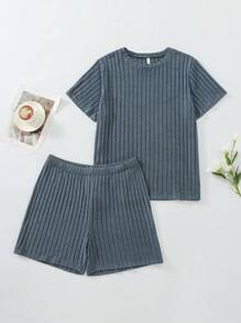 2 pièces Ensemble de vêtements d'intérieur femme grande taille, Top côtelé et short en vrac, col rond, Pyjama