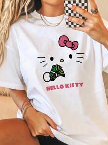 Hello Kitty 女款 T恤、睡衣、趣味上衣、度假夏季穿搭、趣味睡衣、服飾、睡袍、家居休閒圖案 T恤 - 白色 - 查看 1