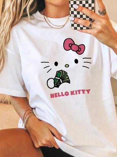 SANRIO 1pc Women's Casual Cartoon Print Round Neck Short Sleeve T-Shirt, Off-Shoulder Print, Women's Top, Homewear Undershirt, Summer Wear, Peripheral Product