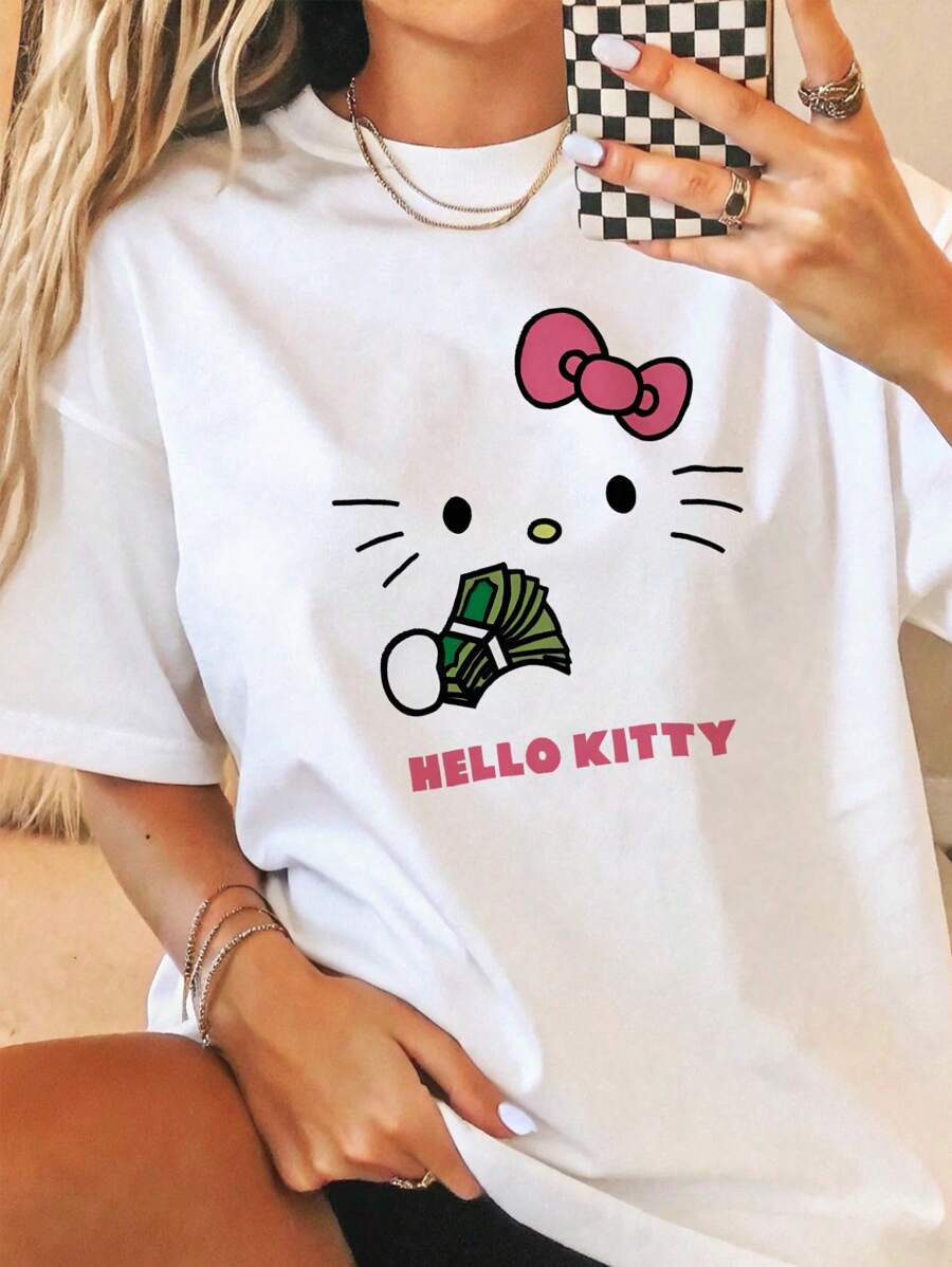 Hello Kitty 女款 T恤、睡衣、趣味上衣、度假夏季穿搭、趣味睡衣、服飾、睡袍、家居休閒圖案 T恤 - 白色 - 查看 1