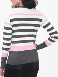 Women's Long Sleeve Knitted Sweater Top With Pearls Two-Tone StripesColor BlockStripedCasualKnittedFabricKnittedFall/Winter - 深灰色 - 查看 3