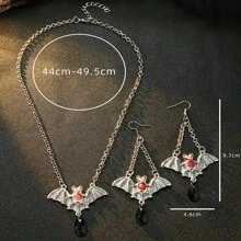 2pcs Gothic Retro Bat Pendant Necklace & Earring Set, Faux Crystal For Women
