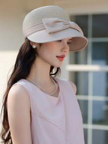 1 Peça Chapéu Balde de Abas Largas com Decoração de Laço, Nova Primavera Feminina, Top Trançado, Chapéu de Sol Grande e Respirável, Chapéu Floppy Elegante para Estilo de Senhora, Adequado para Uso Diário de Primavera e Verão, Caminhada, Compras, Viagem