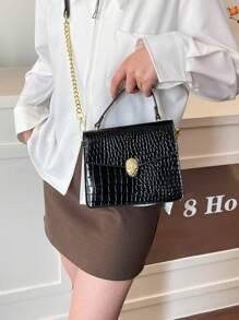 1pc Black PU Elegant Minimalist Crocodile Skin Pattern Metal Buckle & Chain Flap Cover Shoulder Handbag, Suitable For Ladies Spring/Summer, Office Commuter Bag, Outgoing Shopping Tote, Fit For Smartphone, Wallet, Lipstick, Keys, Tissue, Fashion Accessory