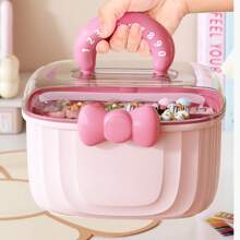 1pc Small 2-Layer Plastic Storage Box, Cute Handheld Video Organizer Box With Cover, Double-Layer Children's Jewelry & Hair Clip Organizer Box, Cartoon Bow-Knot Compartment Jewelry Box, Sewing Box, Gender Reveal Party, Perfect For Birthdays, Weddings, Parties, The Perfect Gift For Colleagues, Friends, And Family, Back To School