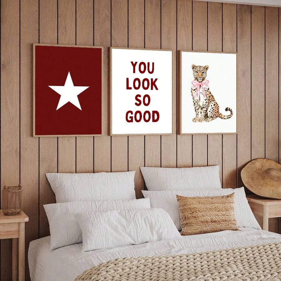 1/3 套时尚豹纹星形墙饰，粉色俏皮猎豹墙饰印花，你看起来真好，极简主义多巴胺装饰，无框墙饰 - 黑色 - 查看 1