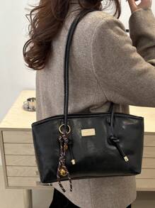 1 pezzo Borsa da bowling in PU imbottito a tinta unita con zip, borsa a tracolla di grande capacità, nuova moda con tocco vintage, borsa a tracolla con decoro in corda annodata, adatta per uso quotidiano delle donne - nero - Visualizzare 6