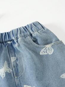 Tween Girls Casual Everyday Outdoor Versatile Butterfly Print Denim Mini Skirt - Blue - View 3