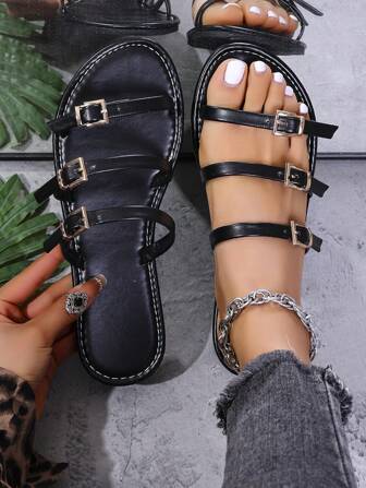 Damen Mode Sandalen Pantoffeln, 3 Riemen Schnalle einfarbig offene Zehenpartie rutschfeste Outdoor & Indoor Hausschuhe, erhältlich in Braun, Schwarz, Weiß, Beige