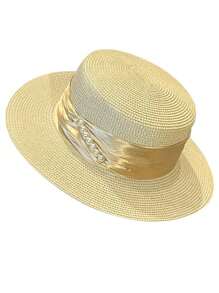 Sombrero de paja estilo francés de copa plana con cinta de perlas en el borde, sombrero de sol para mujer para viajes y vacaciones de verano, gorra de estilo británico para influencer con protección solar, sombrero sólido y casual de poliéster con protección UV y contra el viento, para primavera/verano