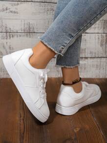 Women's Spring/Autumn Lace-Up Casual Sneakers, Fashionable Versatile Comfortable White Shoes, Collegiate Solid Color Flat Outdoor Skateboard Running Shoes - White - View 6