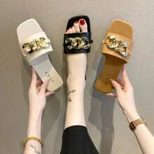 2024 New Fashion Women's Slippers Square Toe Chain Slippers Flat Slide Sandals Beach Flip Flops Metal Dration Casual Shoes