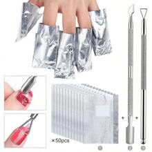 52 Pieces Nail Foil Removal Tin Foil Set, Foil Set, 50 Pieces Of Nail Foil Removal Tin Foil And Steel Push Tool For Nail Removal