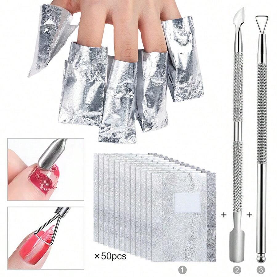 52 Pieces Nail Foil Removal Tin Foil Set, Foil Set, 50 Pieces Of Nail Foil Removal Tin Foil And Steel Push Tool For Nail Removal