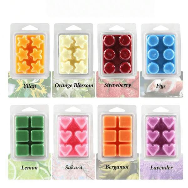 1 pièce Set de cires parfumées à la cire de soja - 8 fragrances (Lys, Fleur d'oranger, Fraise, Figue, Citron, Fleur de cerisier, Bergamote, Lavande) pour chauffe-bougies, assainisseurs d'air, décorations de fête et cadeaux d'aromathérapie pour la maison (Anniversaire, Remise de diplôme, Mariage)