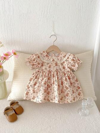 1 件装婴儿女童公主裙，户外休闲时尚幼儿女童熊和碎花荷叶边连衣裙，夏季