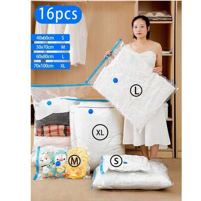 Bộ 16 túi đựng đồ nén chân không trong suốt, Túi đựng đồ nén chân không hiện đại dùng trong nhà, Nhiều loại kết hợp, Đựng quần áo, chăn, áo sơ mi, phụ kiện du lịch, Túi chống bụi du lịch nhẹ, Lý tưởng để đựng đồ khi đi du lịch và ở nhà, Túi tiết kiệm không gian