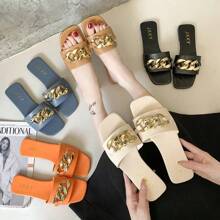 2024 New Fashion Women's Slippers Square Toe Chain Slippers Flat Slide Sandals Beach Flip Flops Metal Dration Casual Shoes