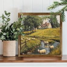 A Wood-Framed Sign Featuring A Country Sheep Grazing By The River Is Ideal For A Vintage Farmhouse-Style Wall Decoration, Perfect For A Bathroom, Kitchen Or Office. It Is An Ideal Gift For Family And Friends, The Size Is 7.87 Inches. Gifts Birthday Graduation - Multicolor - View 3