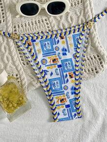 女士比基尼套装三角形罩杯，金属装饰和细肩带，拼色印花泳装，适合夏季海滩度假