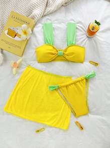 Contrast Color Mesh 3 PiecesBikini Set Set: Bikini Top, Bottom, And Cover Up Sarong Skirt, Vacation Summer - Yellow - View 1