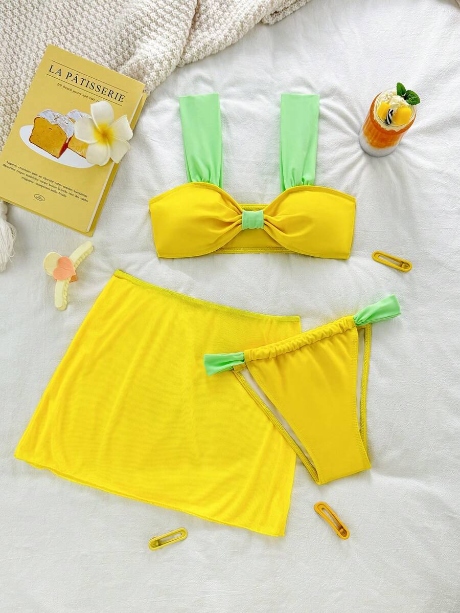 Contrast Color Mesh 3 PiecesBikini Set Set: Bikini Top, Bottom, And Cover Up Sarong Skirt, Vacation Summer - Yellow - View 1