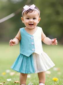 Fashion-Forward Toddler Baby Girl Summer Outfit: Contrast Color Button Down V Neck Sleeveless Tops  Pleated Skirt 2 Pcs Set - Get Ready For Sunshine