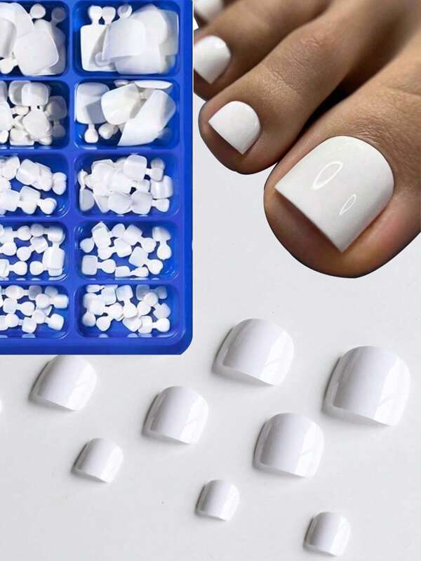 100 Stück glänzende falsche Zehennägel 12 Größen/ Box Weiße Aufkleb-Zehennägel Komplette Abdeckung kurz quadratisch Künstliche Acryl-Pediküre-Spitzen für Frauen und Mädchen