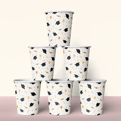 9/20/50 Piezas Vasos de papel desechables con tema de graduación, ¡Clase de 2025 Felicitaciones! Los vasos de papel presentan patrones de birrete y estrella de graduación, adecuados para fiesta de graduación, pueden contener bebidas frías y calientes, 9 Oz.