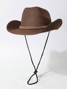 1pc Women's Panama Hat, Jazz Hat, Sun Hat, Beach Hat, Woven Leather Brimmed Hat With Rivet Decor, Suitable For Beach, Hiking, Western Themed Events, Parties, Role Play, Graduation, Masquerade, Festivals, Weddings, Birthdays, Music Festivals, Spring/Summer Wear
