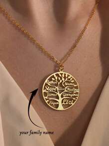 Custom Tree Of Life Nameplate Necklace, Unisex, Personalized With Mother & Child / Family Member Names, Stainless Steel Pendant Necklace, 2-9 Name Customizable, Family Gift, Fashion, Autumn Style, Neutral, Casual Custom, Personalized