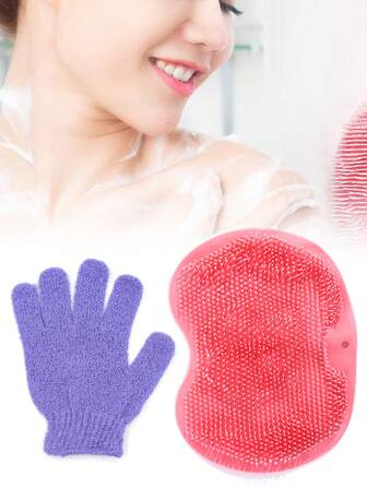 Ensemble de gommage et de gants de bain - Brosse de dos/pied en silicone à ventouses montée au mur + Gants exfoliants pour l'élimination des peaux mortes, massage corps entier et soins de spa, essentiels de bain/douche (Ensemble de 2 pièces) Rentrée scolaire