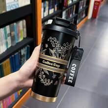 1 Pc 316 Stainless Steel Vacuum Insulated Water Bottle With Carry Strap, Lily Flower Pattern Coffee Cup, Portable Double-Wall Tumbler With Straw, Unisex Office Cup Back To School