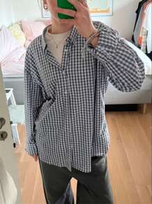 Women Plaid Shirt Long Sleeve Shirt Button-Down Loose Fall Tops For Casual Daily - Black - View 3