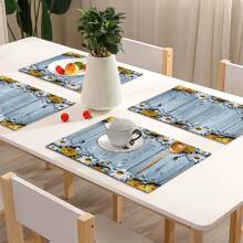 4pcs/Set Wood Grain & Floral Print Linen Placemats - Woven Linen Rectangle Tablemats For Dining, Kitchen - Anti-Slip & Heat Resistant Placemats For Coffee Table, Dinner Table Decor