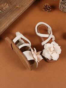 1 Pair Beige Plus Size Girls' Flat Sandals, Woven Criss-Cross Straps, Mesh Peony Decor, Elastic Back Strap, Round Toe, Fashionable & Cute, Suitable For 3-15 Years Old Girls, Casual, Party, Travel, Spring/Summer 2025 - Beige - View 5