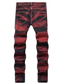 Men's Fashionable Tie-Dye Elastic Washed Denim Jeans, Versatile - Red - View 2