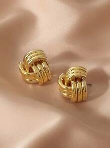1 Pair Petite Versatile Striped Knot Stud Earrings, Suitable For Daily Wear For Women - Gold - View 2
