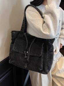 New Fashion Casual Solid Color Canvas Washed Drawstring Shoulder Bag, Spacious Multi-Pocket Tote Bag For Women - Black - View 2