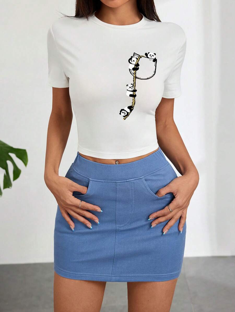 时尚熊猫口袋印花 T 恤 - 经典版型圆领短袖