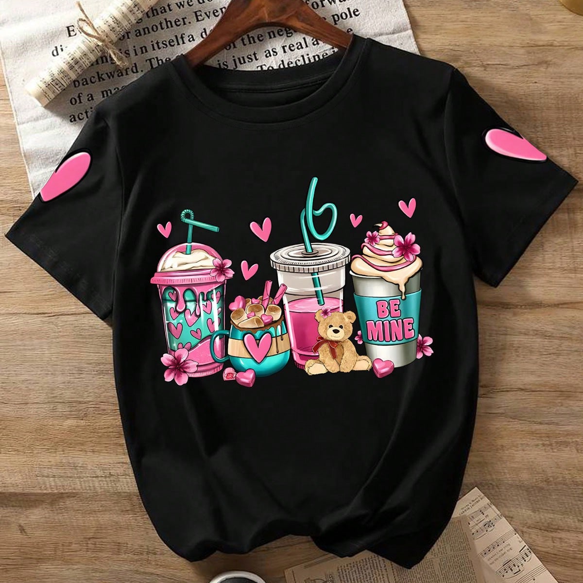 Camiseta de cuello redondo con estampado de postre dulce y corazón, camiseta casual suave para adolescentes, que proporciona tops cómodos y de moda