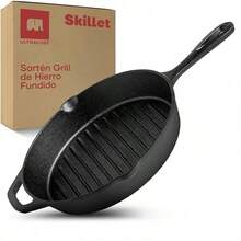 Juego de 3 Piezas de Sartén de Hierro Fundido de Mango Largo, Pre-Marinado, Sartén de Hierro Fundido, Juego de 3 Piezas (6 Pulgadas, 8 Pulgadas y 10 Pulgadas), Negro - Sartén Grill 10" (25 cm) - Ver 3