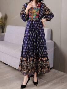 Vestido amplio de estilo modesto, apropiado para Medio Oriente, árabe, informal, bohemio, con bordados, artístico, retro, ideal para vacaciones y turismo