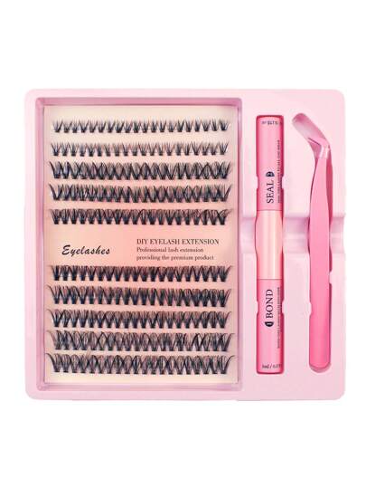粉色系列睫毛套装：200 簇 C 形卷曲假睫毛，8-16 毫米 - 防过敏，配有易于使用的工具和旅行盒
